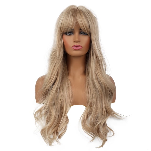 NOGIS Women Long Synthetic Wig Light Blonde Wigs with Bangs Natural Wave Long Curly Heat Resistant  Synthetic Wig