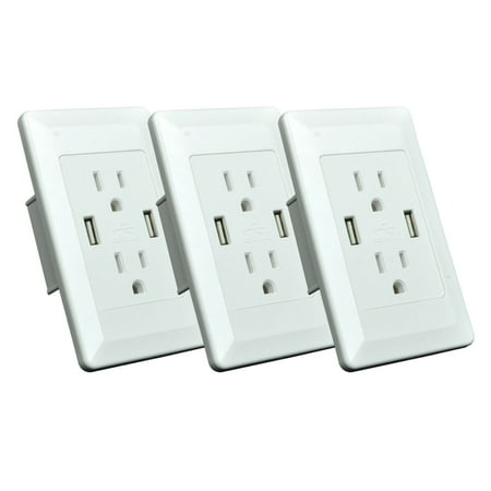 Electric Wall Plates GREENCYCLE 3PK 2A 5V Dual USB Port Electric Wall Charger AC Power Outlet Panel Plate Dock Station Socket Duplex Receptacle White ()