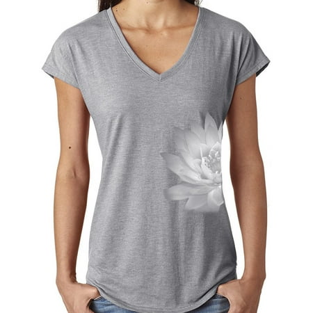 Ladies Lotus Flower V-neck Yoga Shirt - Heather Grey, Large (side