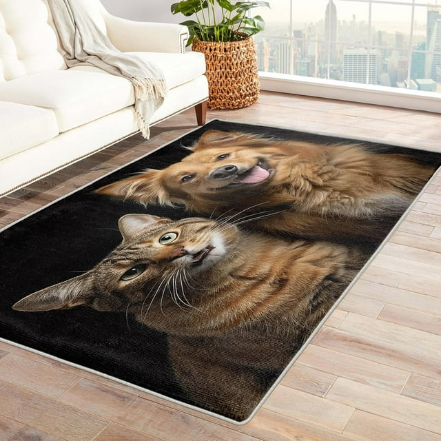Dog and Cat Rug & Home Decor - Cute Animal Rugs for Entryway, Front Door Mat Indoor Entrance, Washable Rugs, 3x5 Rug, Non Slip Soft Area Rug, Puppy and Kitten Carpet & Room Decorations Y-&14