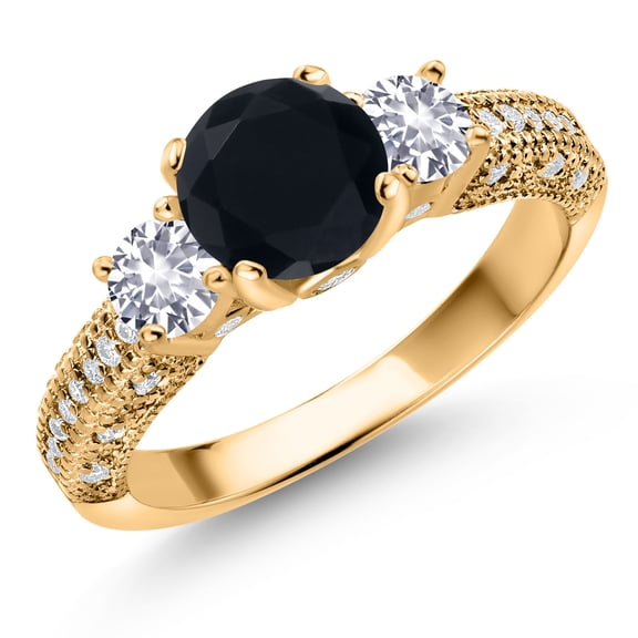 Gem Stone King 18K Yellow Gold Plated Silver Black Onyx White Created Sapphire and White Moissanite Engagement Ring for Women (1.86 Cttw, Gemstone December Birthstone, Round 7MM and 4MM, Size 8)