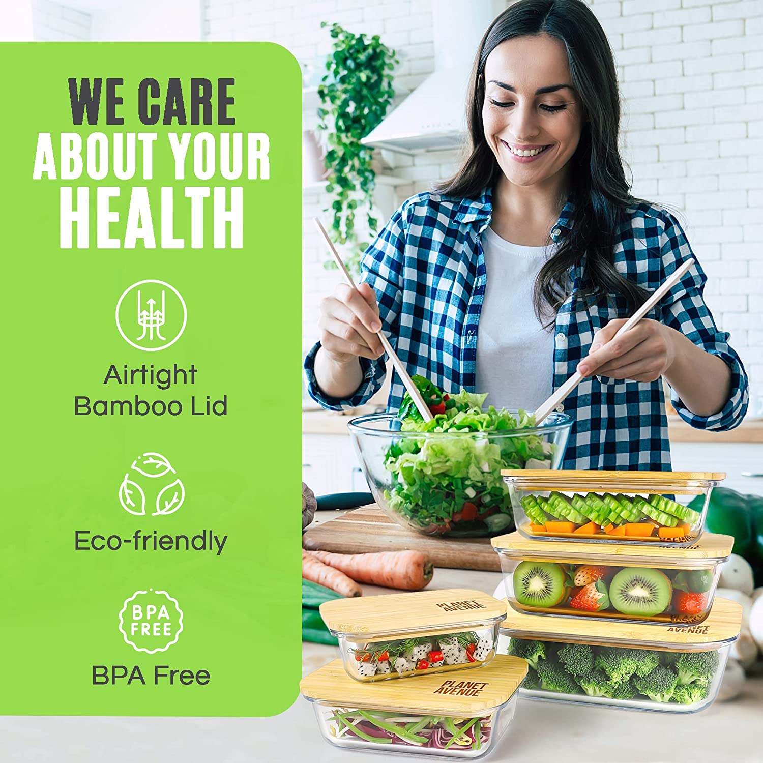 Planet Avenue Glass Food Storage Containers with Bamboo Lids – Airtight, Stackable, Eco-Friendly, BPA-Free – Set of 5