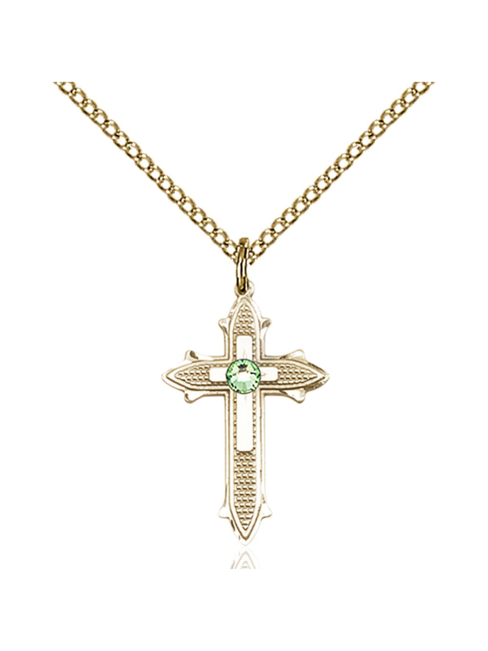 14kt Gold Cross on Cross Medal with 3mm Peridot bead 7/8 X 1/2 