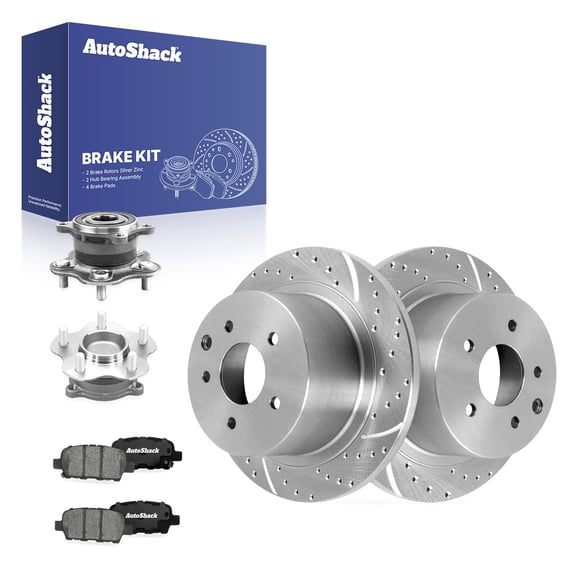 AutoShack Rear Solid Drilled & Slotted Silver Zinc Coated Brake Rotors   Ceramic Pads   Hub Bearing Assembly 8-PC Brake Kit Replacement for 2009-2018 Nissan Altima SilverShield Pro 11.48" (291.6 mm)