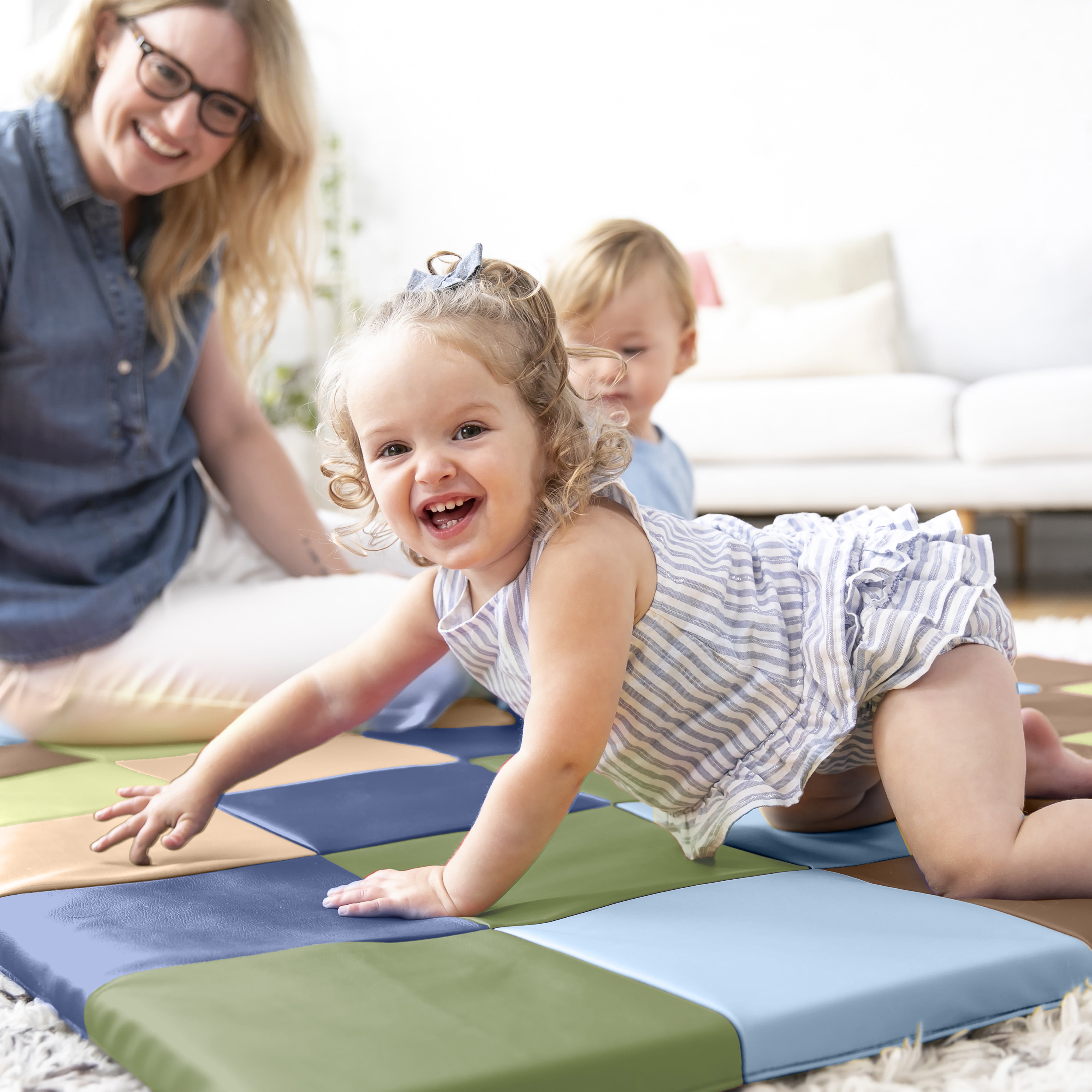 ECR4Kids SoftZone Patchwork Folding Activity Play Mat, 58in Square, Baby Essentials, Earthtone
