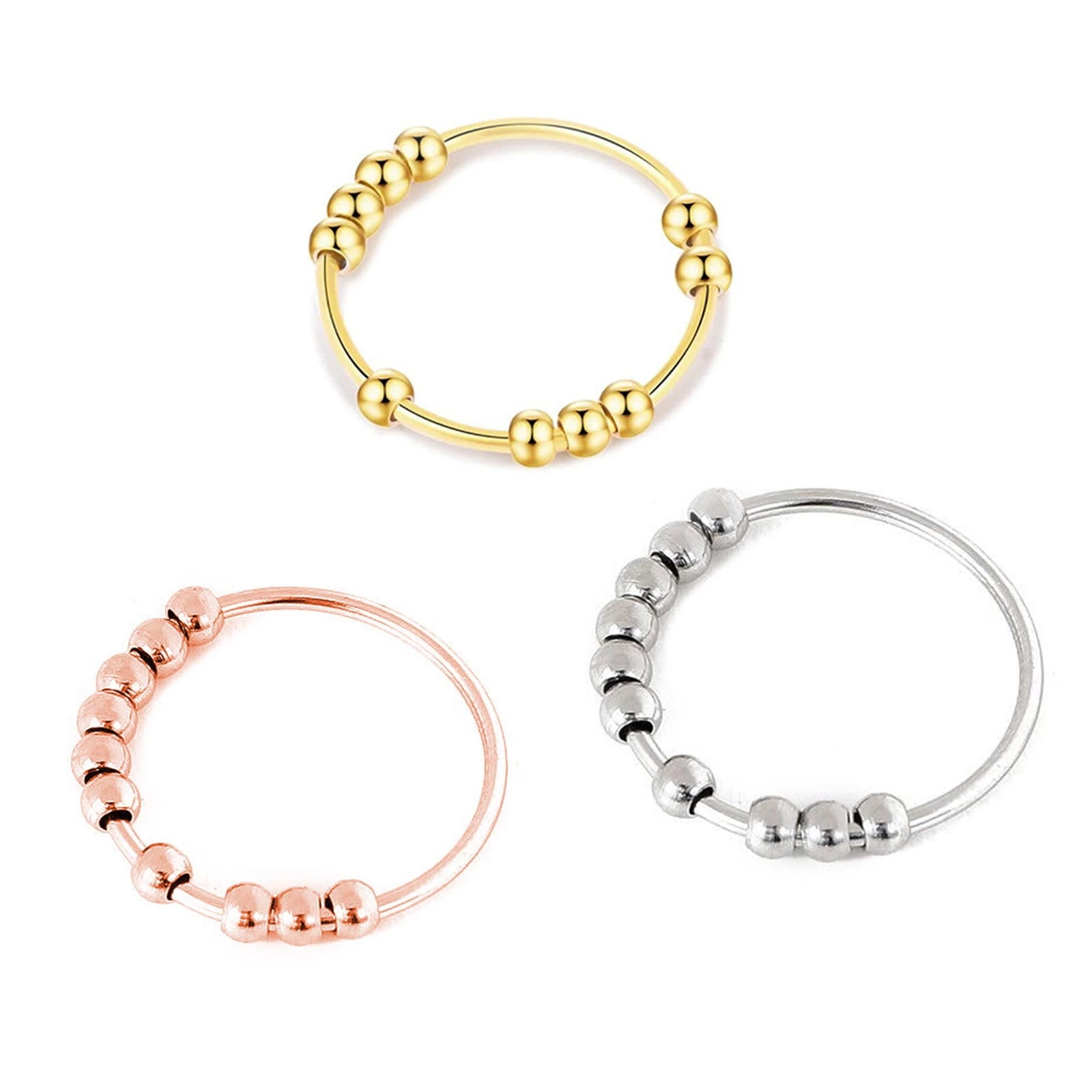 Fidget Anxiety Ring for Women 14K Yellow Gold Spinner Rotate Beads Anti-Stress Rings For Men Jewelry