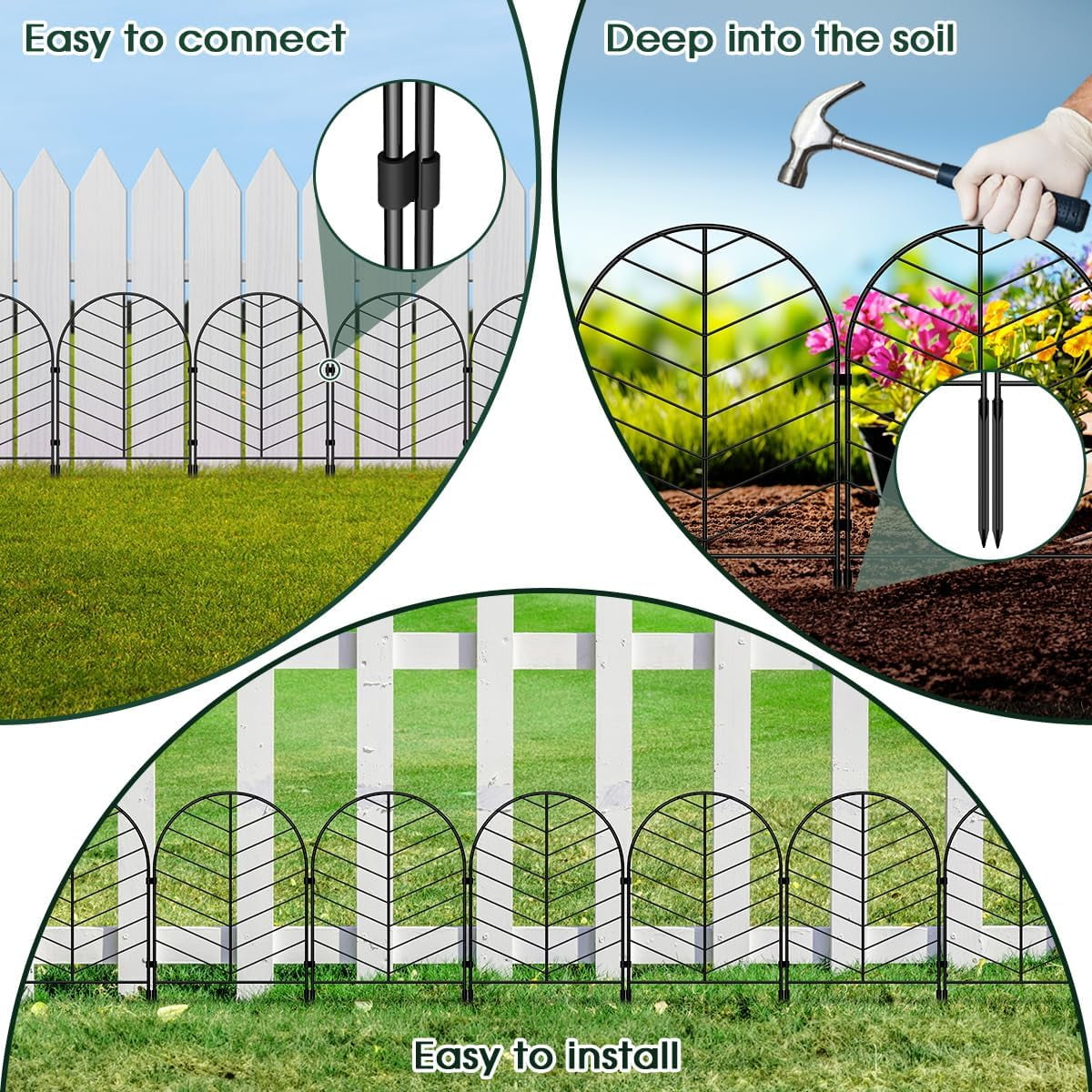Decorative Garden Fence 22" Rustproof Metal Wire No Dig Fence for Dogs, 30 Panels, Black