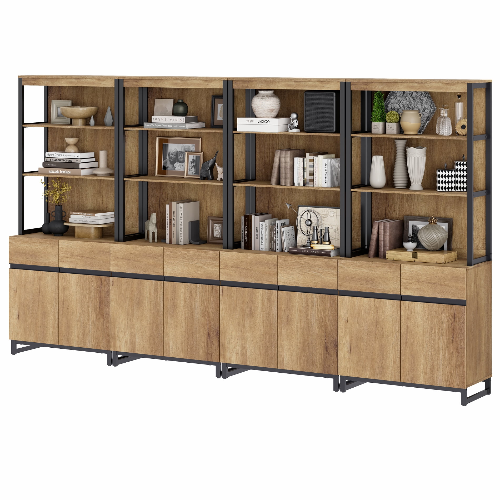 4 PCS Modern 72 Inch Tall Bookcase Units with Reinforced Metal Base, Large Library Bookshelf Set with Adjustable Shelves and Closed Storage Cabinet for Living Room Office