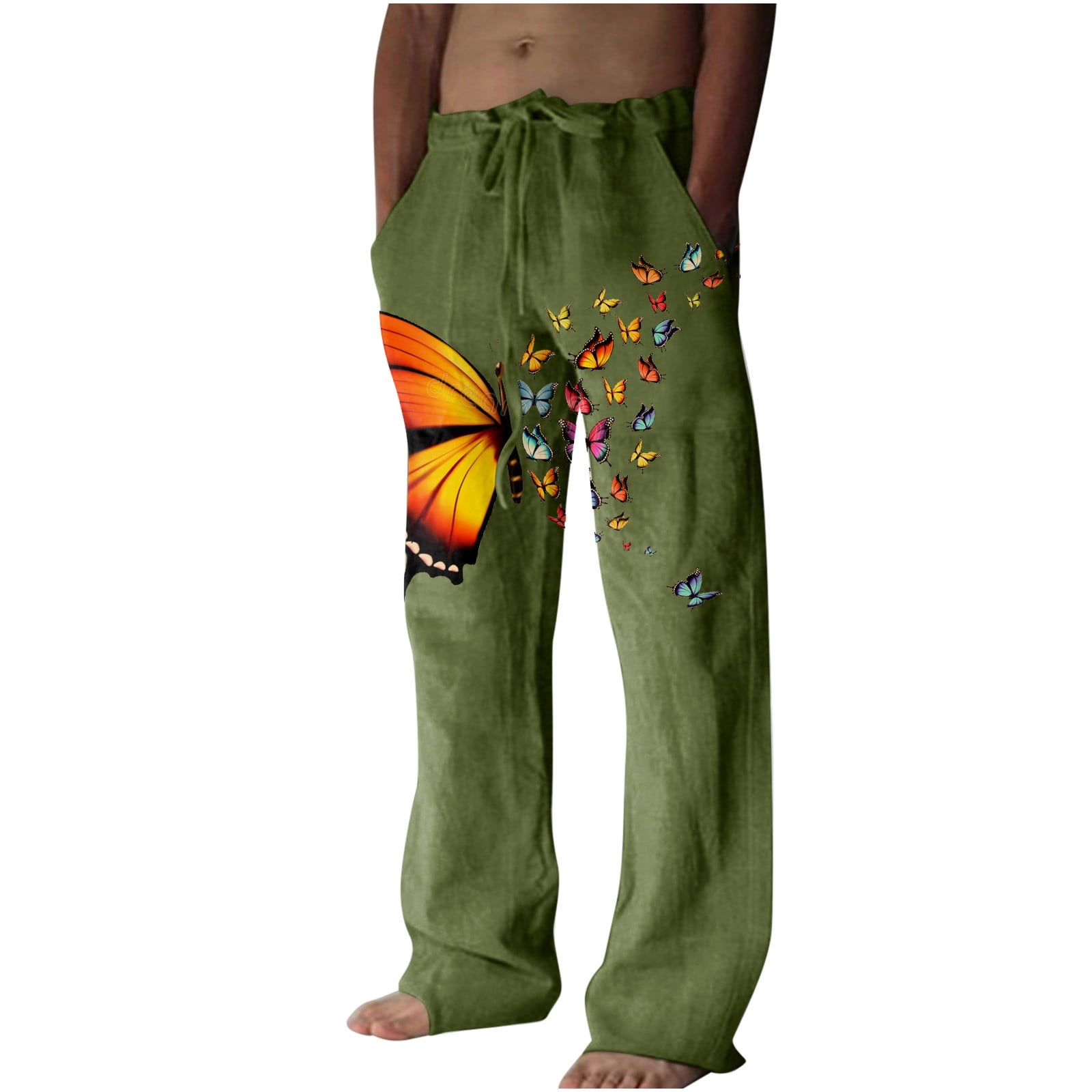 Odeerbi Men's Casual Sweatpants Wide Leg Pants Lace Up Floral Printed Full  Length Pants Green