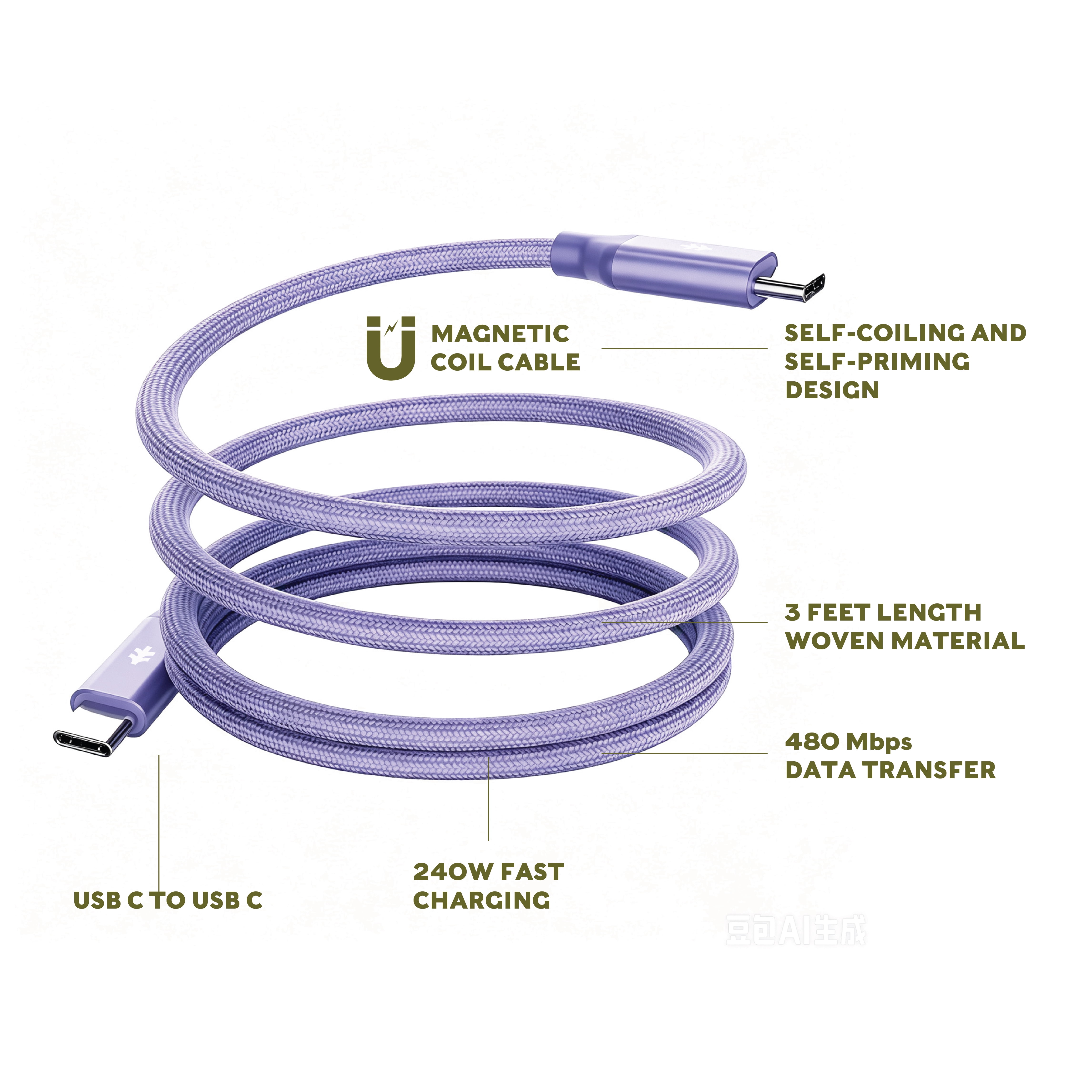 Swiss Tech Kabel M240 3 ft 240W Magnetic Self-Coiling USB-C Charging Cable, Myrtle Purple