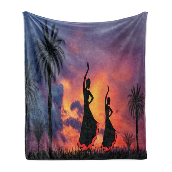 Spanish Soft Flannel Fleece Blanket, Silhouette of 2 Girls Dancing Flamenco with Dramatic Cloudy Sunset Sky Background, Cozy Plush for Indoor and Outdoor Use, 70" x 90", Multicolor, by Ambesonne