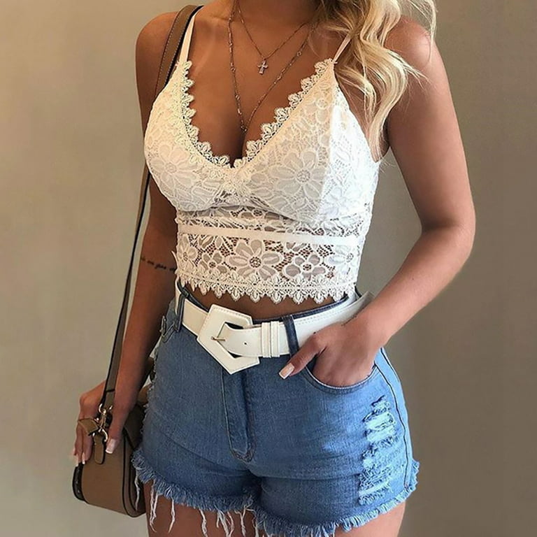 Womens Sexy Floral Lace Bralette V Neck Crop Tops Soft Cami Solid Color  T-Shirts 