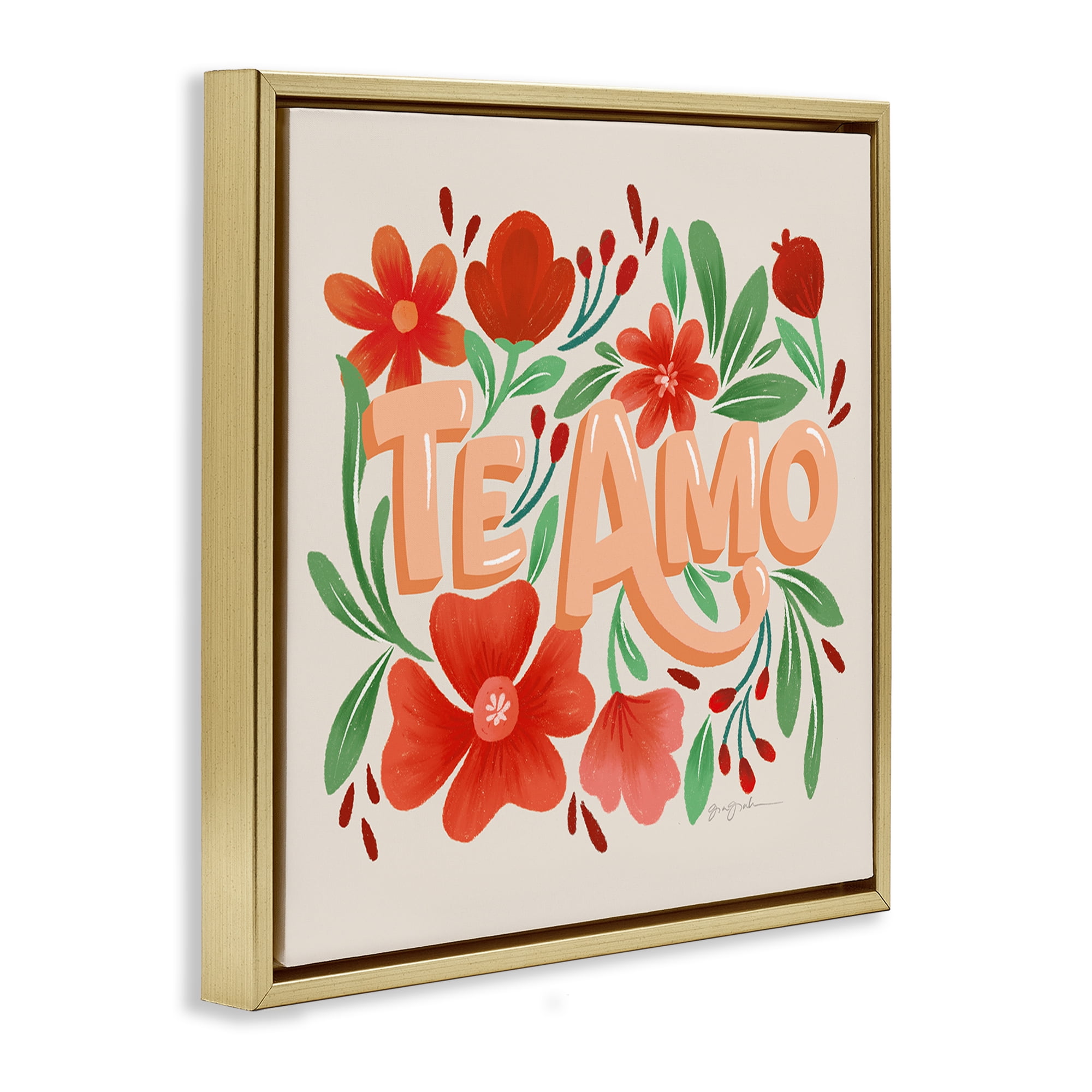 Stupell Industries Te Amo con Flores Rojas Floral & Botanical Painting Gold Floater Framed Art Print Wall Art, 25 x 25