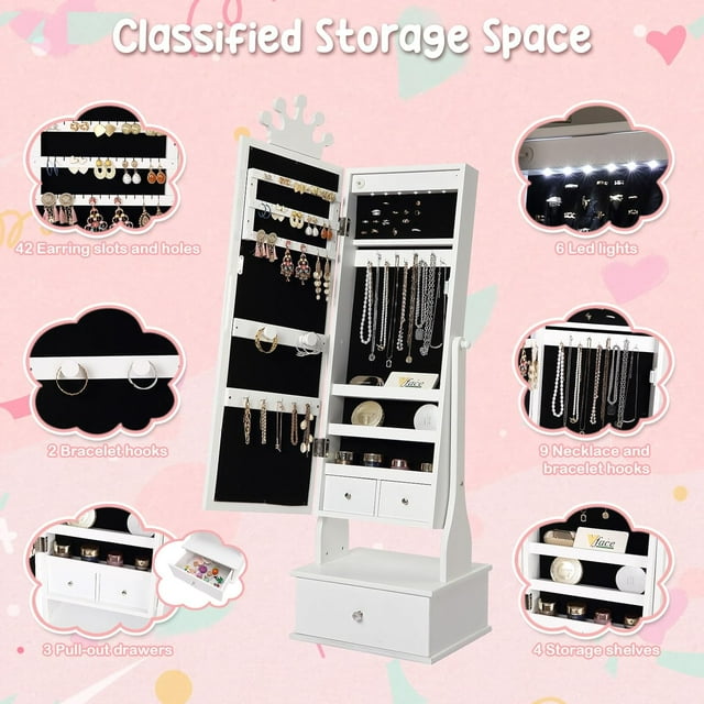 Ourlova Kids Jewelry Armoire - LED Light, Freestanding Vanity with 3 Storage Drawers