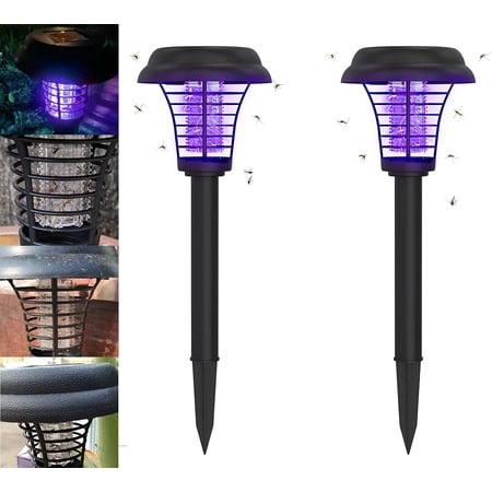 Topboutique 2 Pcs Solar Bug Zapper  LED Mosquito Killer Outdoor Solar Powered Bug Zapper Light Lamp Waterproof Mosquito Zapper for Indoor and Outdoor Use Black