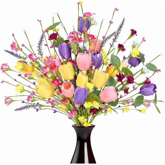 12Pcs Artificial Easter Stems, 17" Spring Tulips Picks with Colorful Flower Silver Dollar Leaves Twig Branches for Easter Arrangement Centerpiece Easter Celebration Home Vase Decor