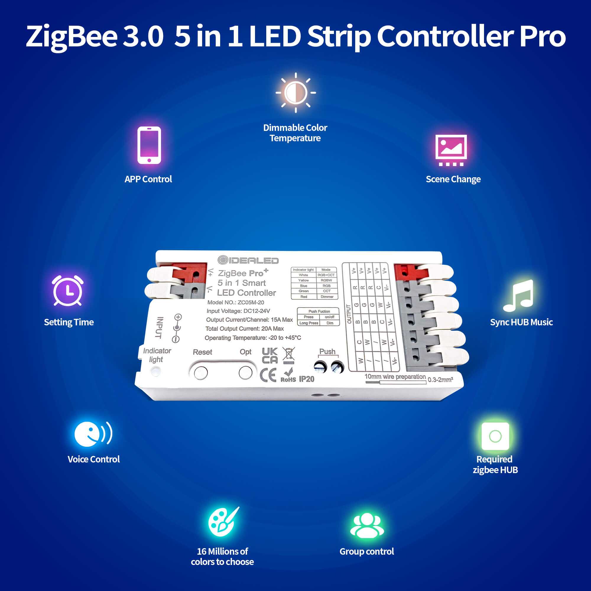 GIDEALED Smart Zigbee LED Controller 5 in 1,Require ZigBee Hub Bridge for RGBWW RGBW COB CCT LED Strip Light Dimmable 1%~100%,Support Hub APP/Alexa Echo Plus Voice Control Color Changing