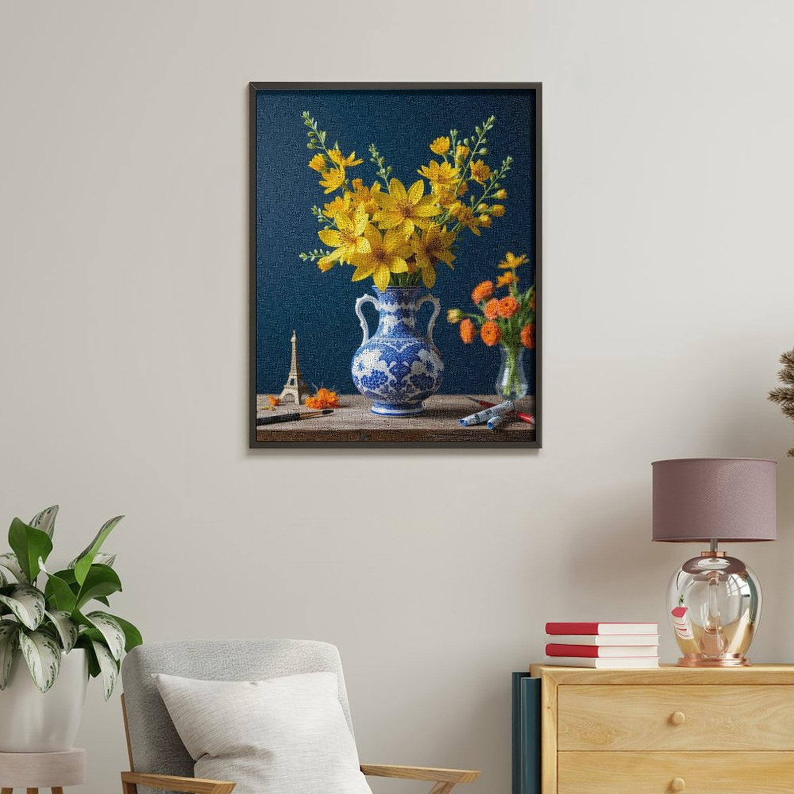 Paint By Numbers Kit for Adults Beginner - Yellow Blooms Blue Vase Art Supplies DIY Canvas Painting Kits for Adults, Frameless Paint By Number for Adults for Home Wall Decor 16x20 Inch