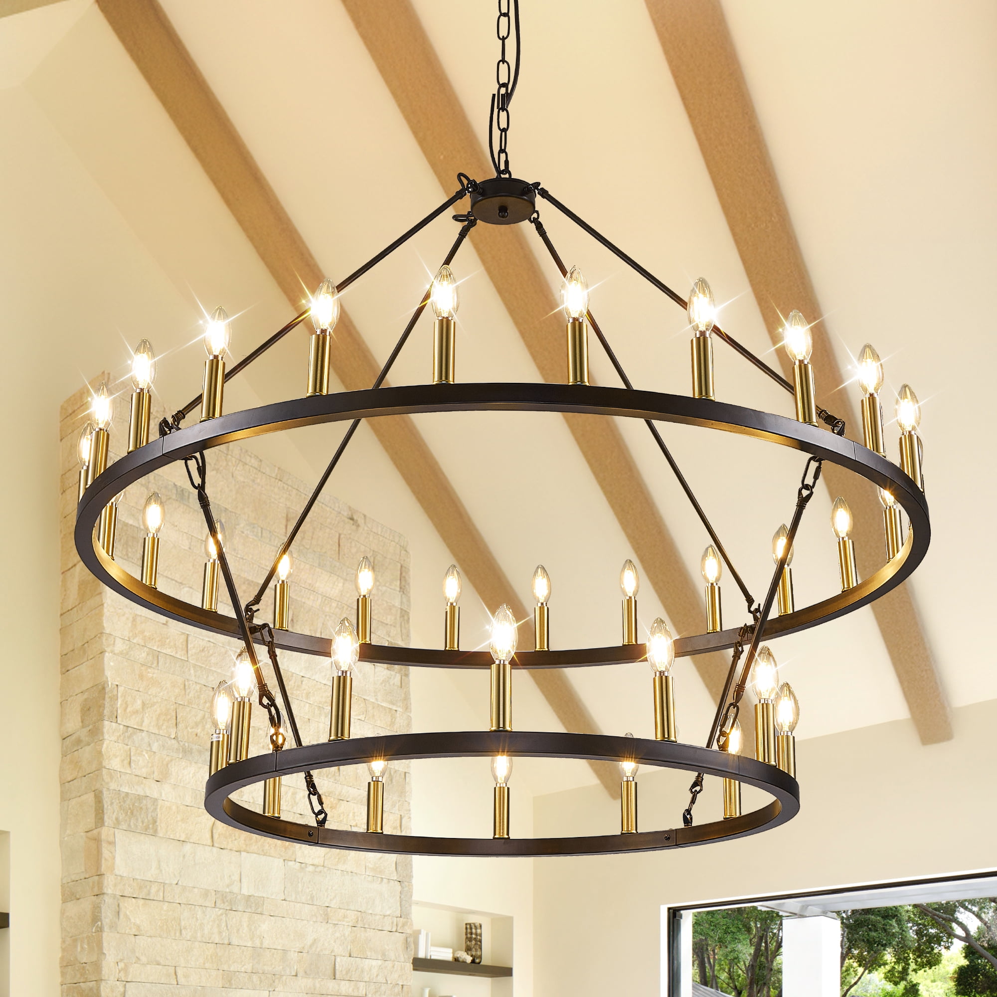 Farmhouse 47'' 2 Layer 36-Light Large Black Gold Wagon Wheel Chandelier for Porch,Entryway,Living Room