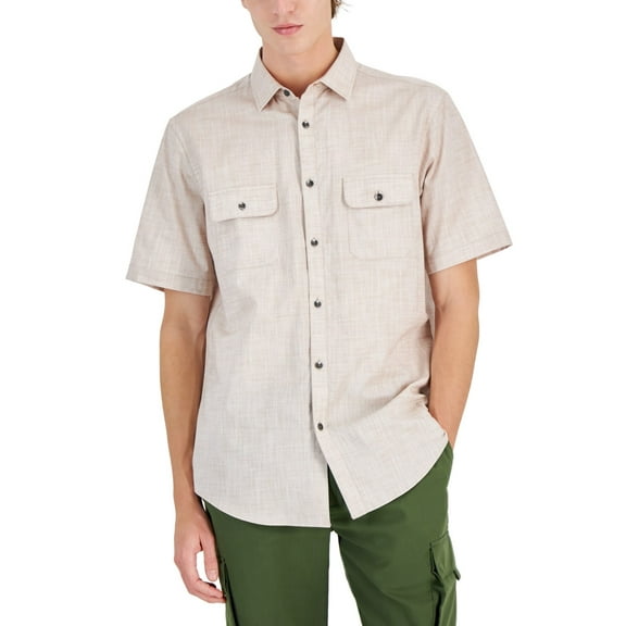 Alfani Mens Regular fit Short Sleeve Button-Up Shirt Small Light Brown