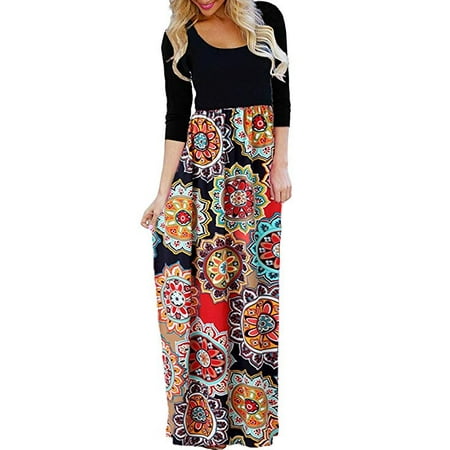 - Women's Ethnic Style Floral Print Tank Dress Geometric Party 3/4 Sleeve Long Maxi Dresses