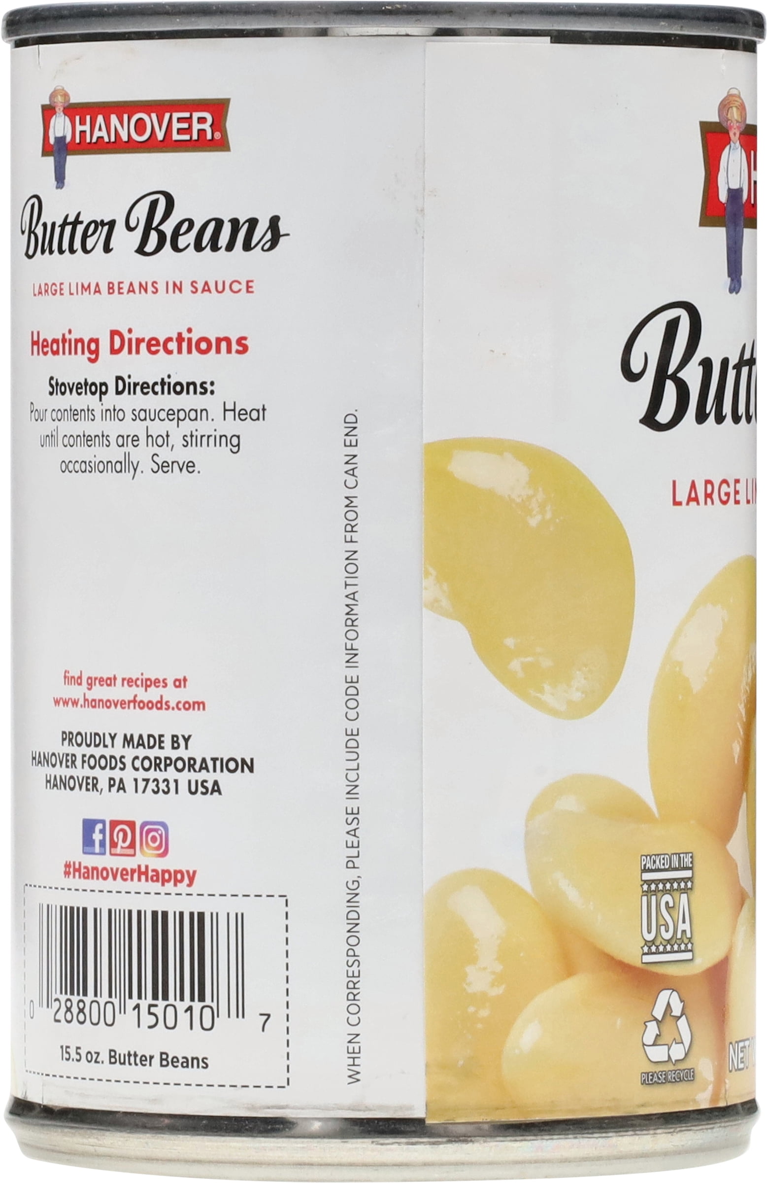 (8 pack) Hanover Butter Beans Large Lima Beans in Sauce, 15.5 oz Can – Rich-in-Fiber Southern-Style Side