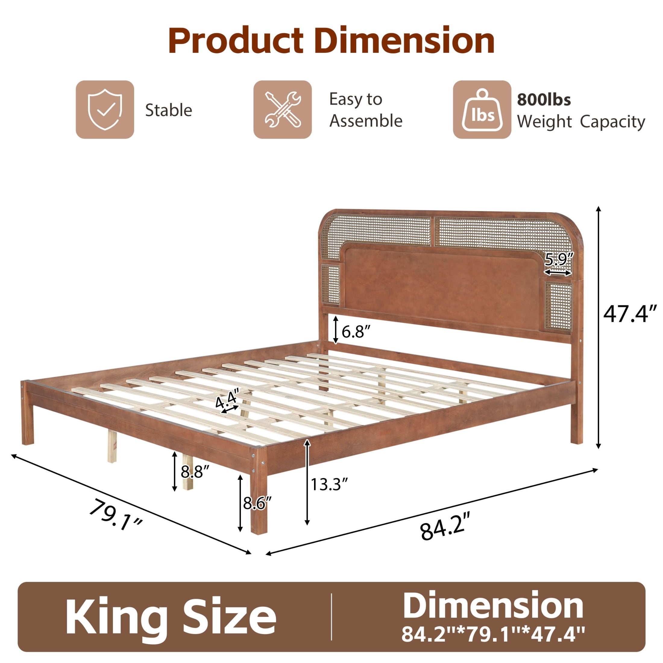 Christopher Knight Home Bohemian King Platform Bed with Rattan Headboard, Solid Wood Frame, Walnut