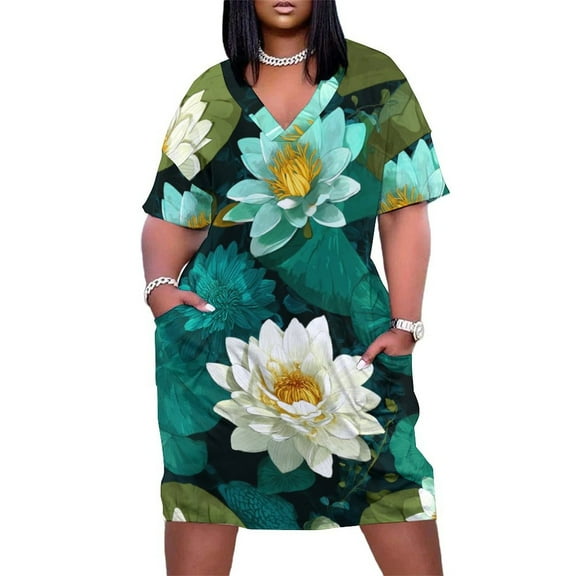 Womens Casual Dresses Teal Water Lilies Lush Green Leaves Short Sleeve Dress Summer Dresses for Women 2025