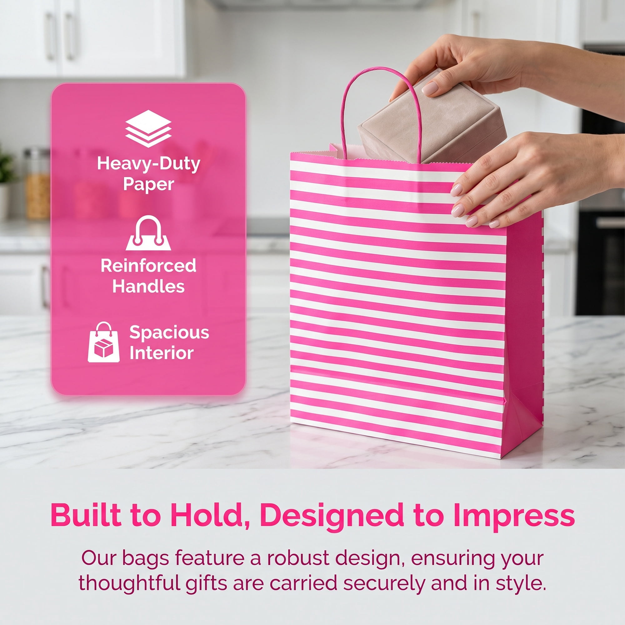 Unique Bargains Horizontal-stripe Gift Bag for All Occasions and Celebrations Rose Red 10.2" x 5" x 12.6"