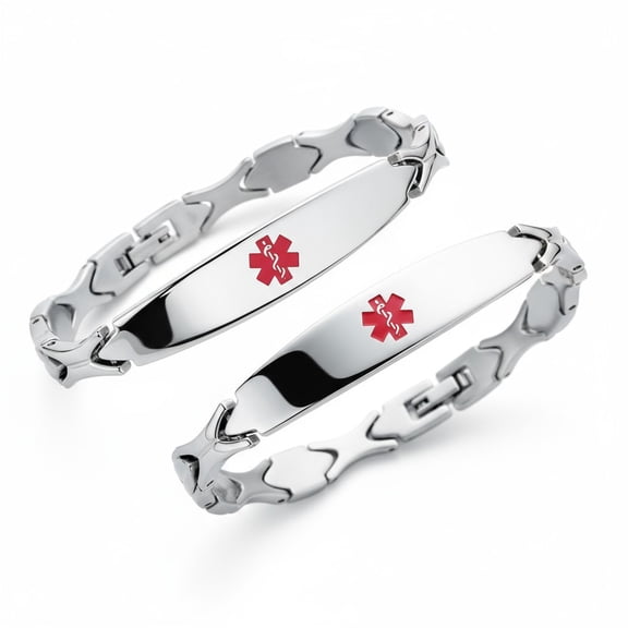 Bling Jewelry Mens Set of 2 Leaf Link Chain Red ID Bracelet for Men Silver Stainless Steel 7.5 Inch