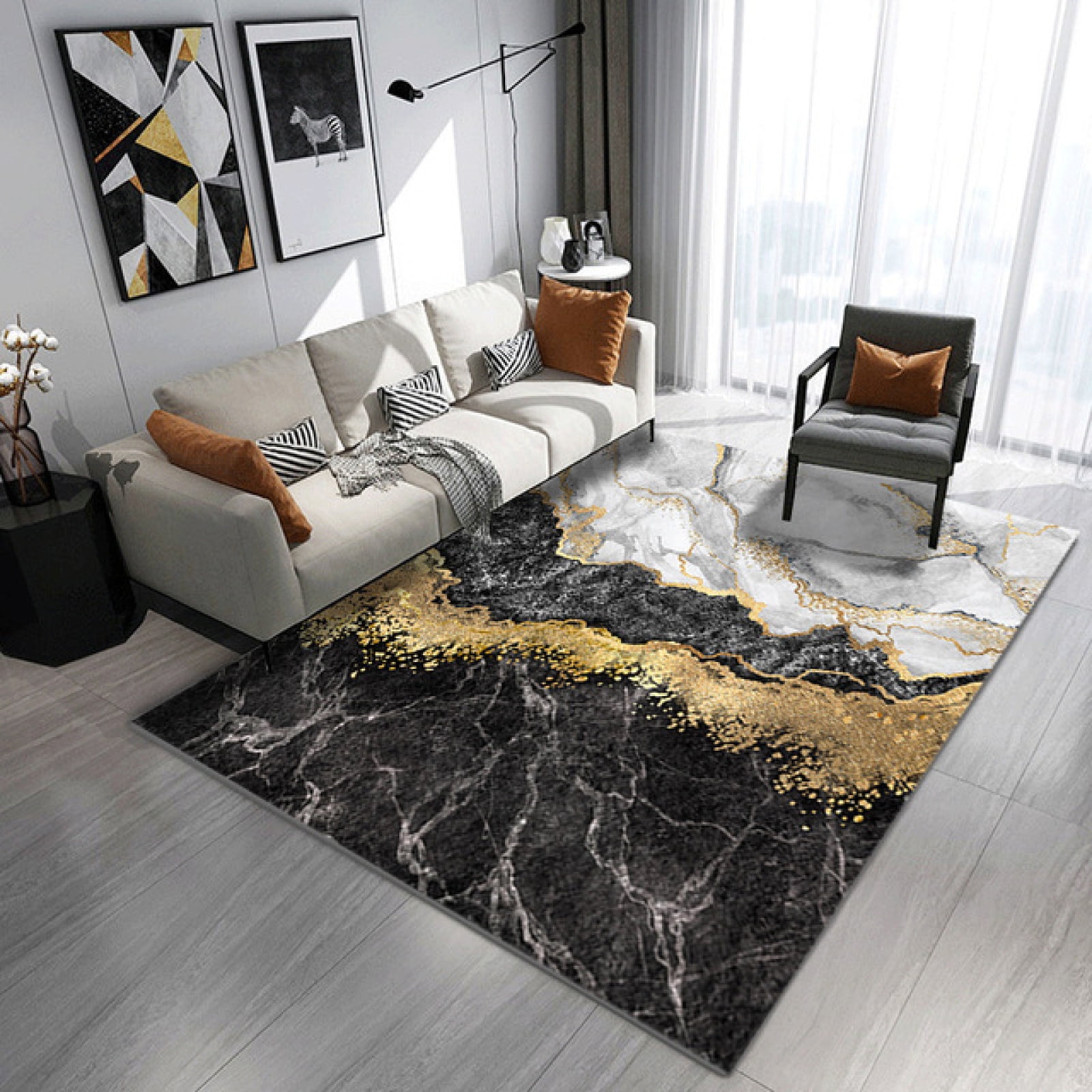 Vintage Modern Abstract Marble Pattern Area Rugs, Black White Gold
