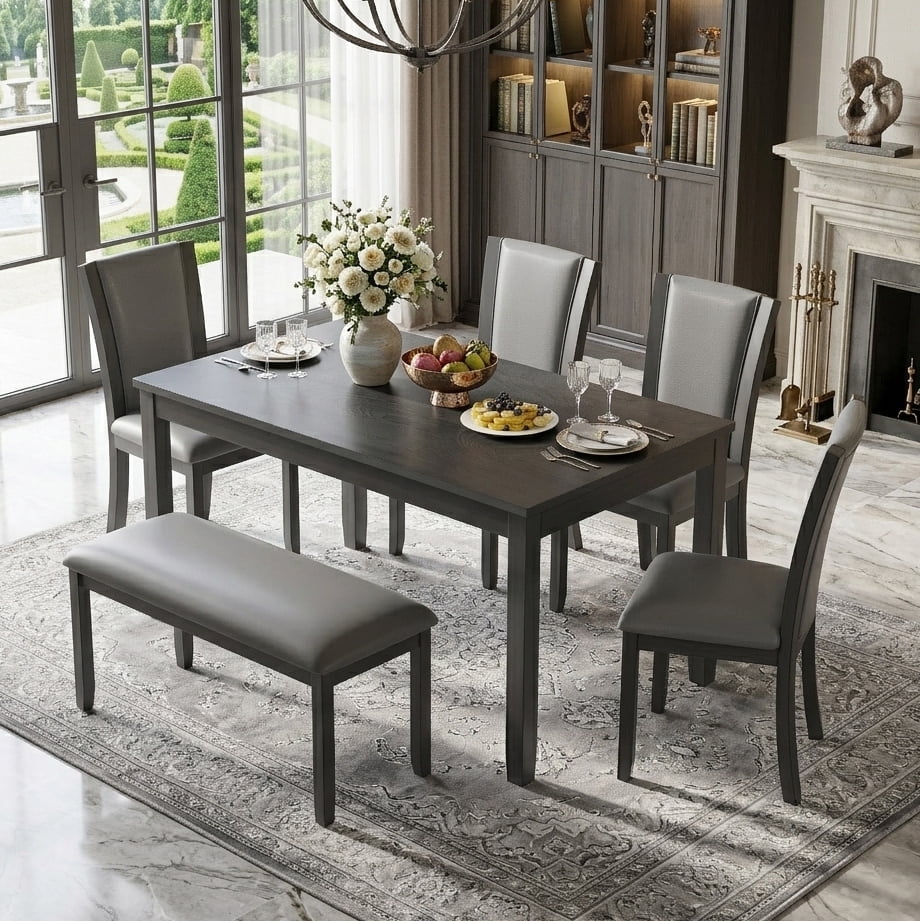 Aukfa 6 Pcs Farmhouse Extendable Dining Table Set,Rubberwood Kitchen Table with Bench & 4 Chairsfor Dining Room,Gray