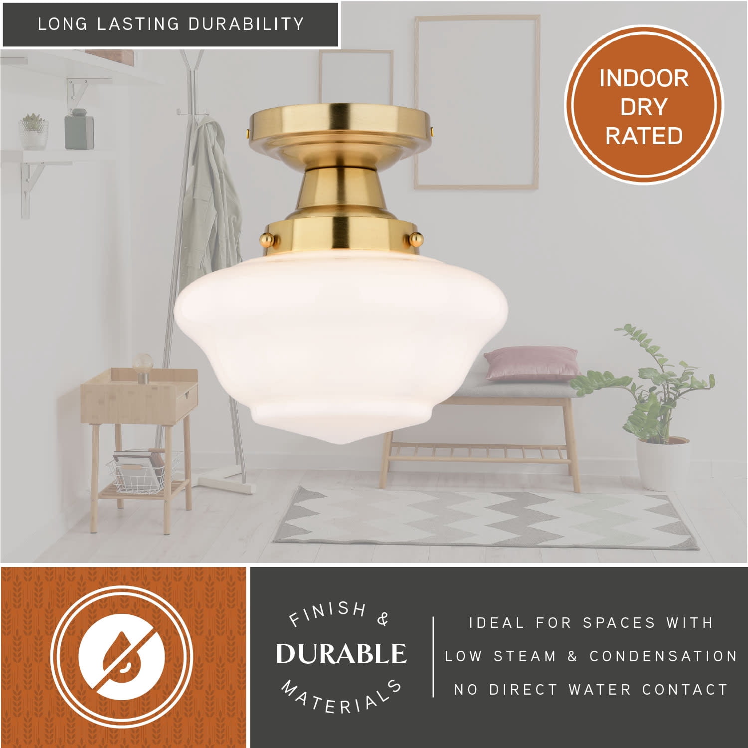 Eastgate 8.75-in W Gold Brass Traditional Semi Flush Mount Ceiling Light White Schoolhouse Glass
