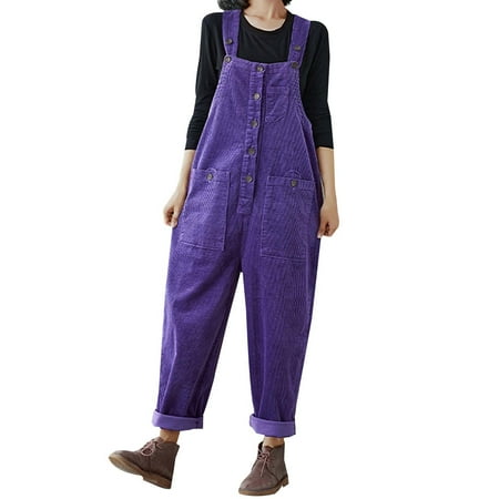 Fsqjgq Jumpsuits for Women Purple Playsuit Bodysuit Trendy Women Jumpsuits Dressy Vintage Casual Cotton Corduroy Jumpsuit Wide Leg Pants with Belt and Top for Lazy Day Trousers Baggy Loose Bib XL