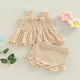 thumbnail image 3 of Infant Baby Girls Summer Outfit Solid Color Cutout Pleated Tank Tops and Stretch Casual Ruffle Shorts Set, 3 of 6