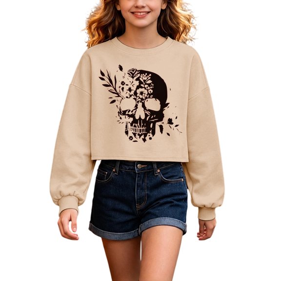 SJLDQY Halloween Girls Cropped Sweatshirts Skull Graphic Long Sleeve Crewneck Sweatshirt Fall Casual Pullover Tops for Girls