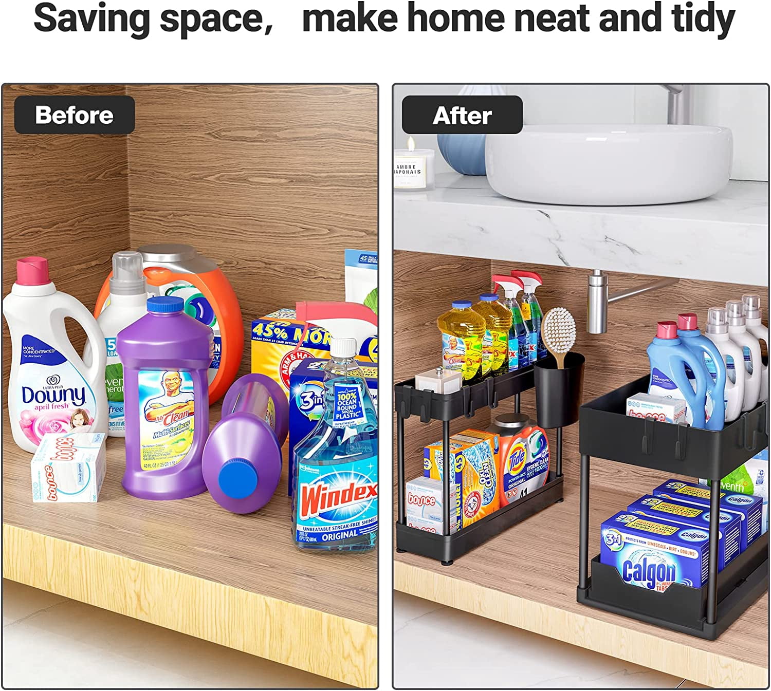 3 Pack Puricon Under Sink Organizer Pull Out Under Sink Storage, 2 Tier Multi-Purpose Sliding Under the Sink Organizer Bathroom Kitchen Sink Organizer Under Cabinet Shelf for Cleaning Supplies -Black