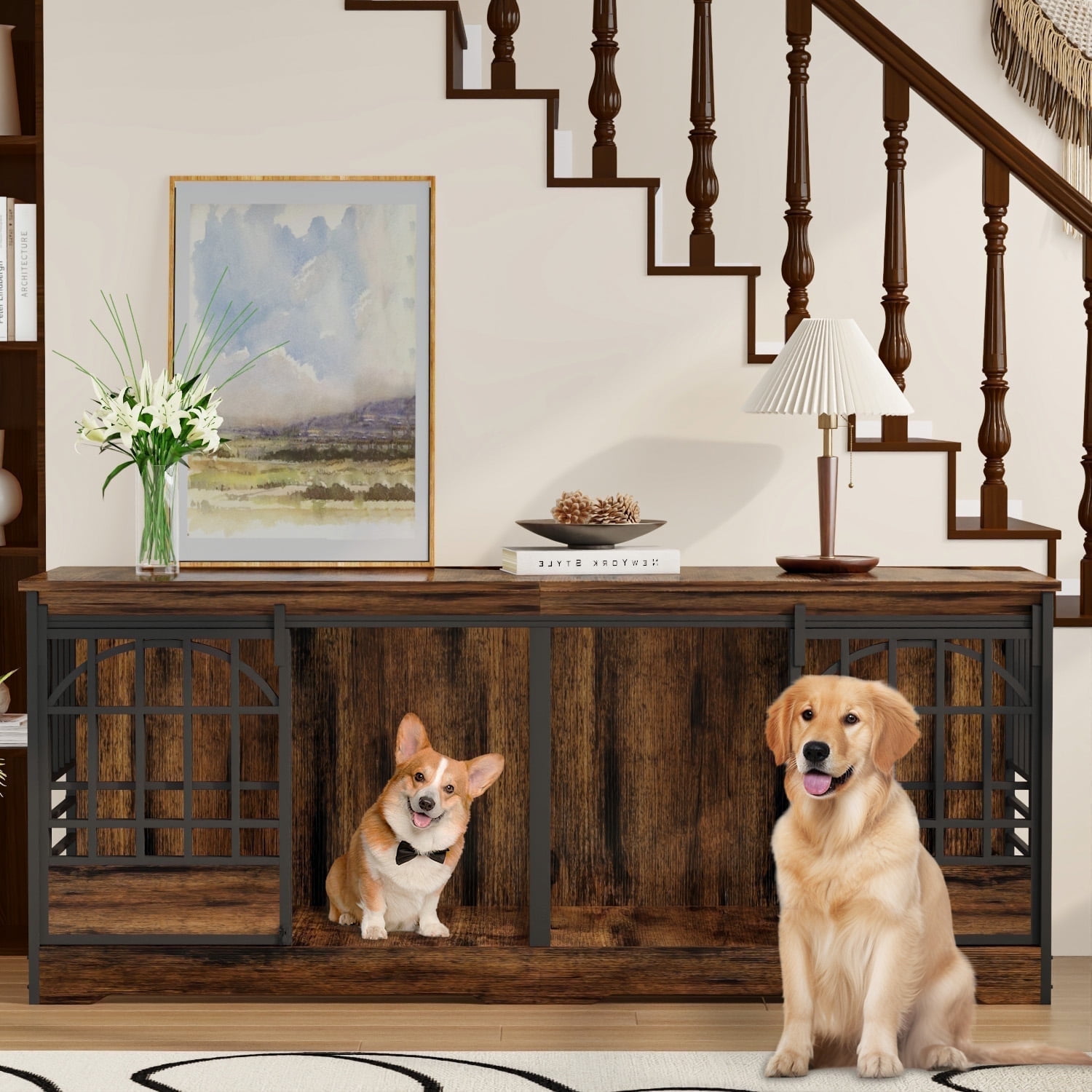 78 inch Dog Crate Furniture XXL Dog Cage Heavy Duty Dog Kennel Indoor with Removable Shelf Divider,Extra Large Double Cage Large Breed