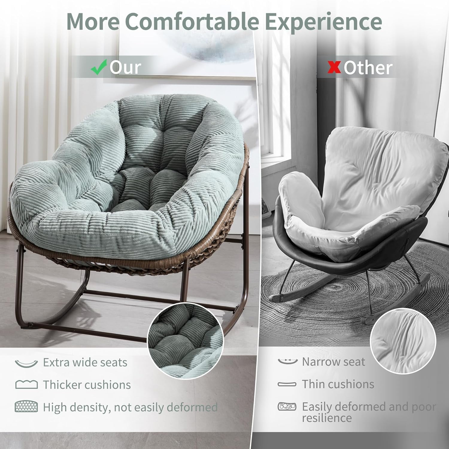 MOONMISS Outdoor Patio Rattan Oversized Rocking Chairs Set of 2 with Corduroy Padded Cushion-Mint Green