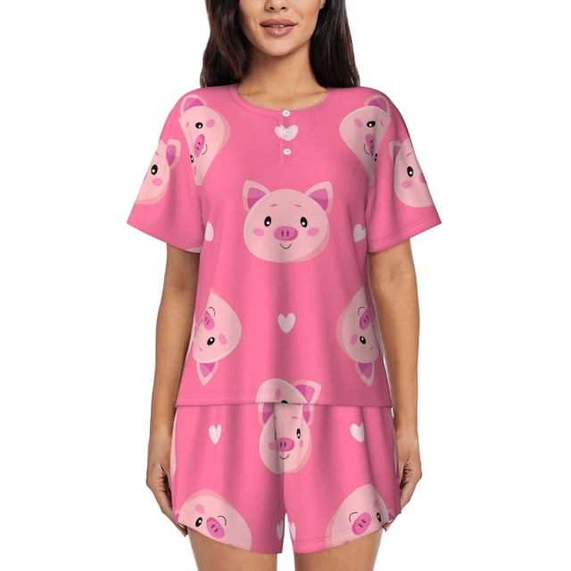 Xecao Cartoon Pigs and Hearts Pattern Women's Short Sleeve Pajama Set Soft Sleepwear Lounge Set with Button Front Top and Drawstring Shorts with Pockets-XX-Large