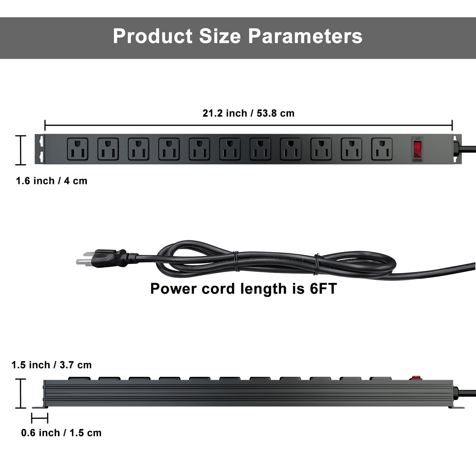 11-Outlet 1850W 6 ft Power Cord Surge Protector