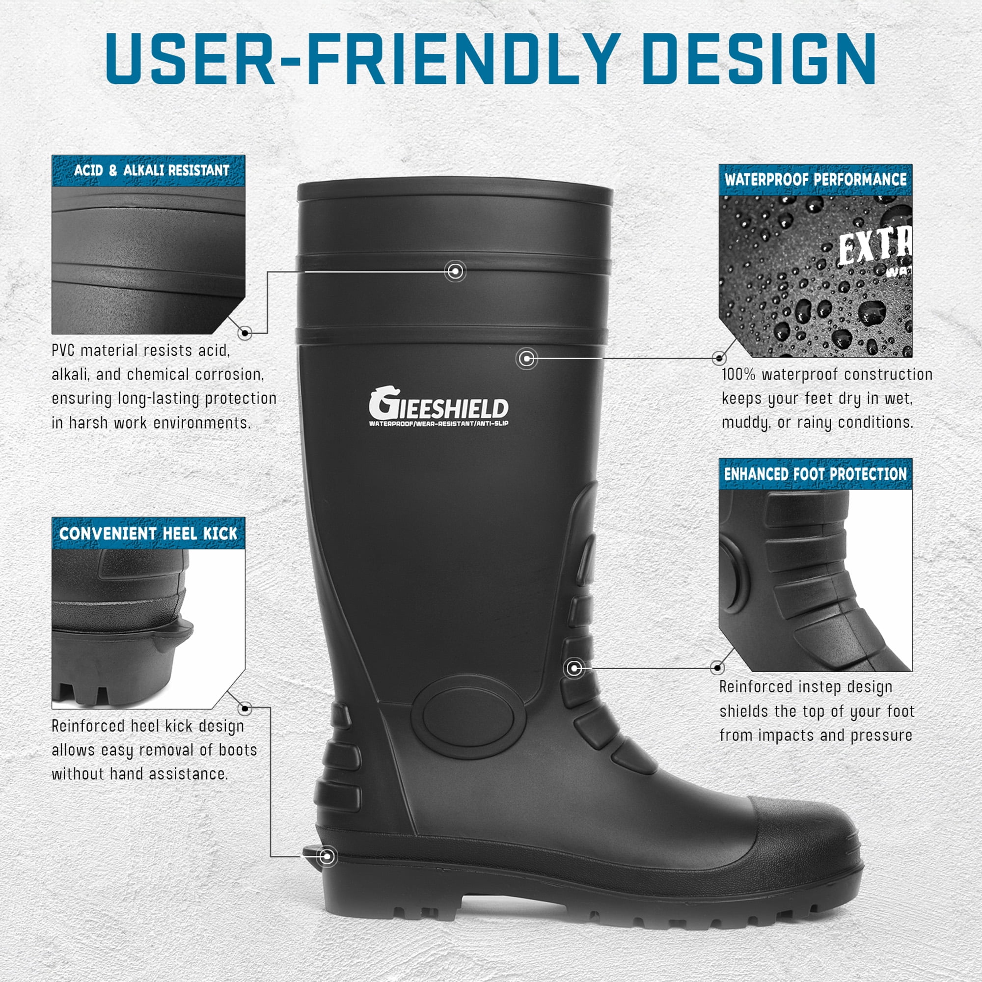 GIEESHIELD PVC Rain Boots for Men And Women – Waterproof Slip-Resistant Rubber Work Boots, Seamless Durable Tall Knee Boots for Agriculture, Gardening, Fishing, Industrial & Outdoor Work, Size 11