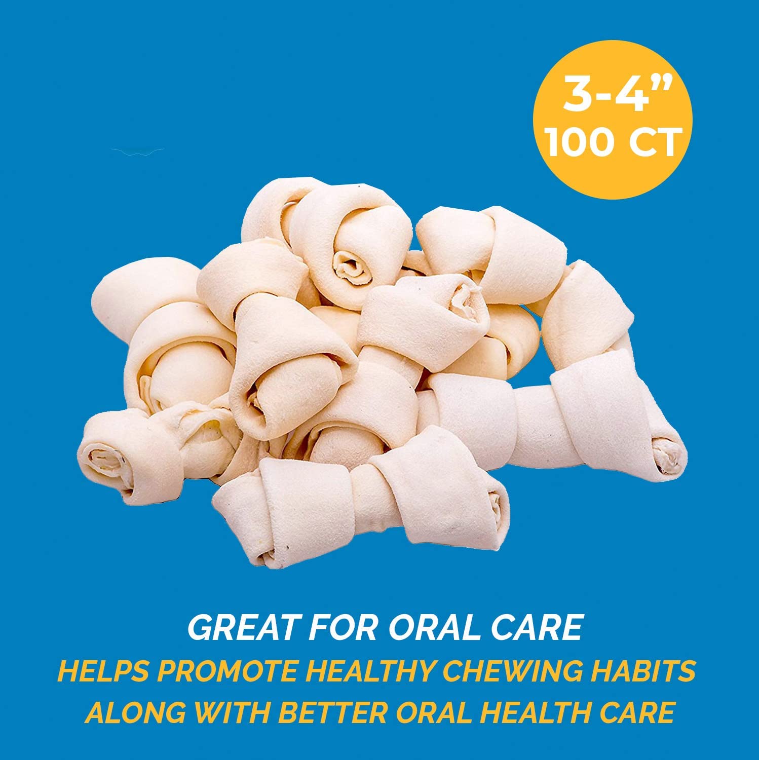 Rawhide Dog Bone Chews 3-4" | Premium Beef Hide Bones by 123 Treats (100 Bones)
