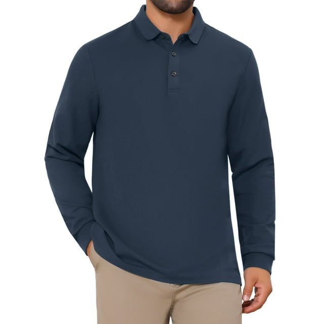 INSPIRE CHIC Camiseta Polo Básica de Manga Larga en Color Sólido para Hombre L Azul Oscuro
