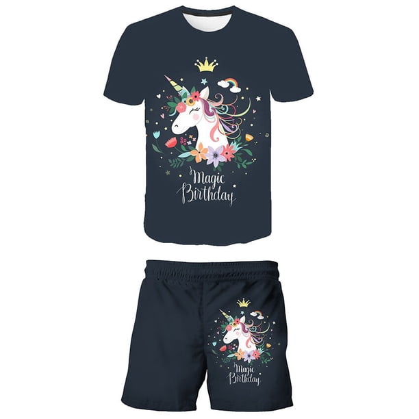 Verano niñas unicornio ropa traje niños moda niños niñas dibujos animados camiseta pantalones cortos 2 uds conjunto Casual ropa niños chándales 14T Gao Jinjia LED