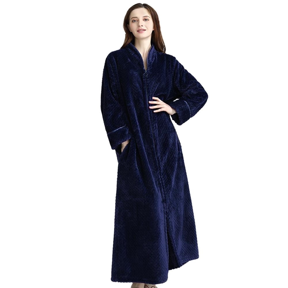 PAIDAXING Robe de chambre à capuche avec fermeture éclair - Peignoir en flanelle pleine longueur - Couverture à manches longues pour femme - Vêtement