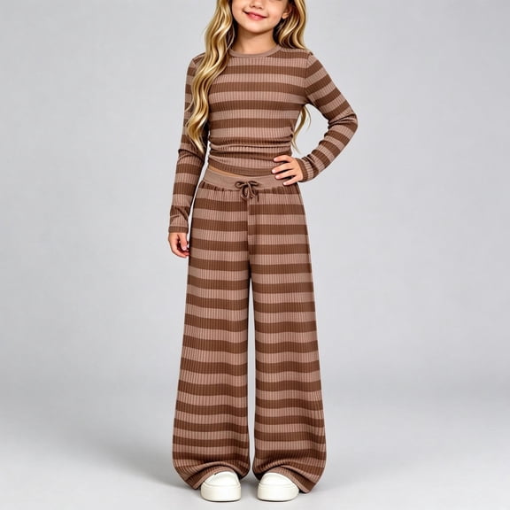 NEBWOAK Girls 2 Piece Outfit, Striped Long Sleeve Crop Top and Wide Leg Pants Set, Ribbed Knit Loungewear with Drawstring,Coffee,Size 7-15