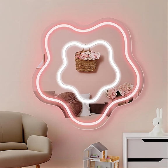 Flower Mirror Neon Sign Dimmable USB LED Neon Lights for Ideal Home Decor for Bedroom, Kidsroom, Living Room Parties, Christmas Birthdays Gifts for Girls Women, Boho Mirror Wall Sign Art Gift