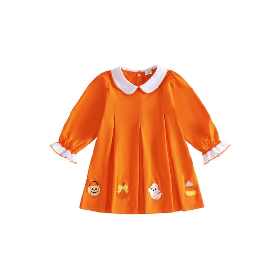 RUINIXCW Toddler Girl Orange Halloween Dress with Pumpkin Ghost Applique Long Sleeve Swing Dress for Trick or Treat Party