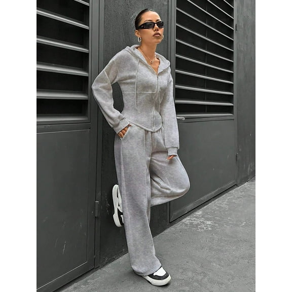 Women Autumn Hooded Cardigan Slim Fit Casual Two-piece Set For Women Zipper Grey Hoody Jacket And Pant Trousers 2 Pieces Suits